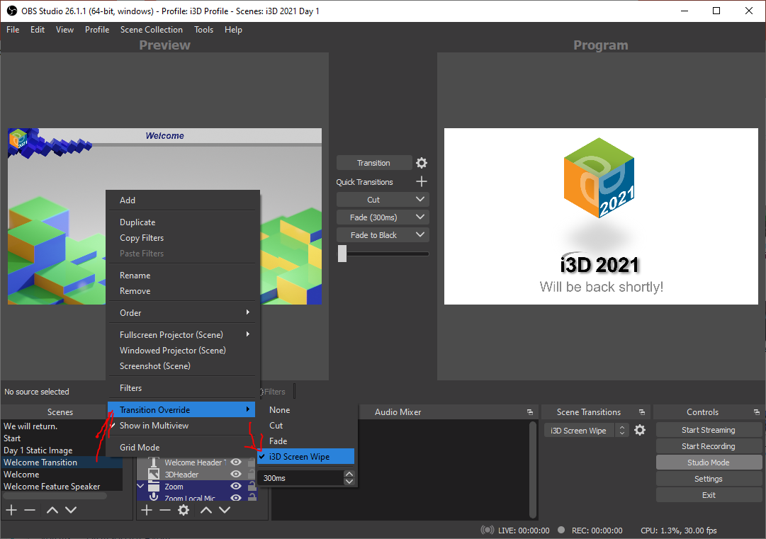 Overriding transitions in OBS